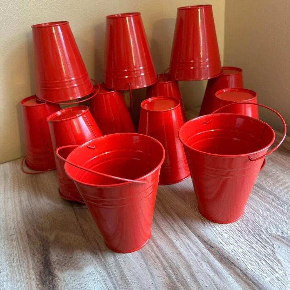 12 Red Mini Metal Buckets Containers decor 5” Pails Candy Gift Party Favor